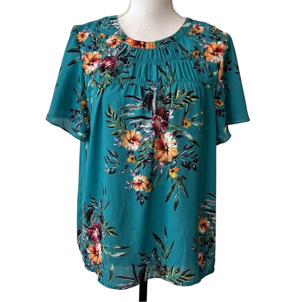 DR 2 Daniel Rainn Short SleeveSmocked‎ Tropical Floral Print Top Small Turquoise